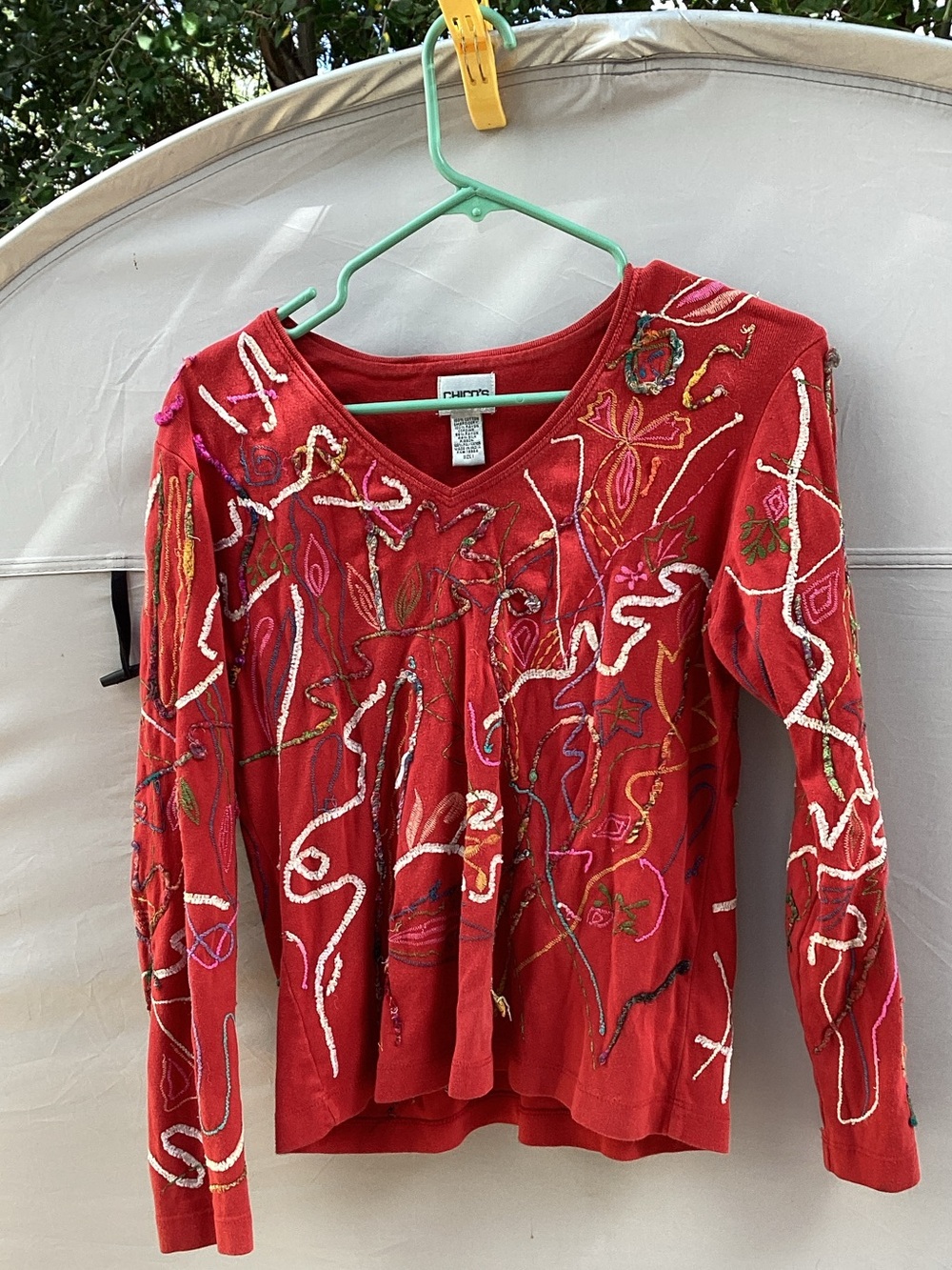 Chico's Red Long-Sleeve V-Neck Top with Multicolor Embroidery